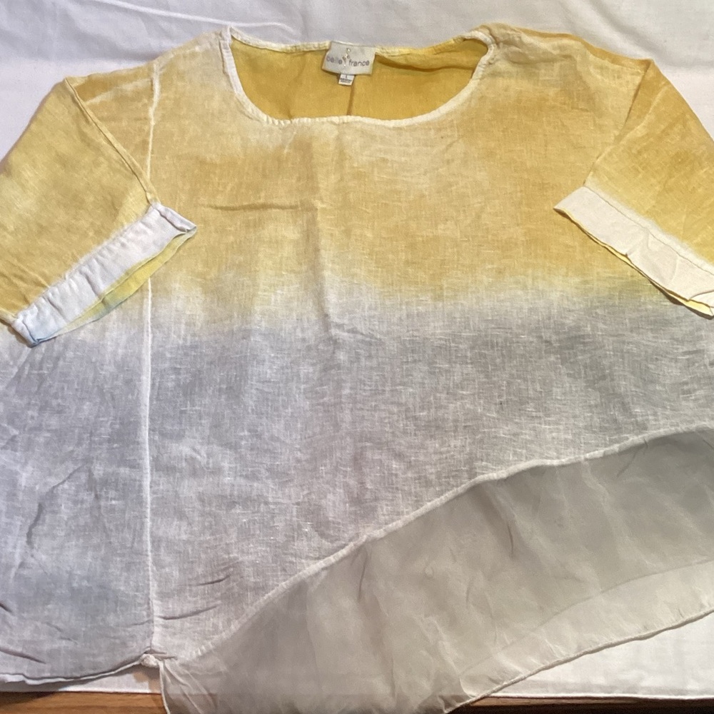 Belle France Linen Oversized Blouse Short Sleeve Pull Over Shirt Grey/Yellow L - Picture 6 of 13